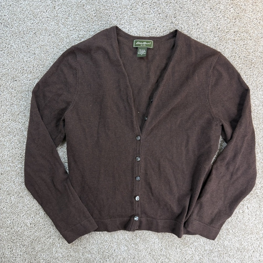 Eddie Bauer Cardigan Sweater Womens M Brown Tight-Knit Button V Neck Long Sleeve